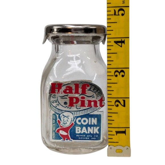 Vtg Half Pint Coin Bank Bower Manufacturing Co Goshen Glass Jar with Metal Lid - Picture 4 of 13